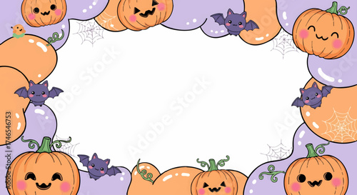 A charming Halloween illustration featuring a festive frame of cute kawaii pumpkins and happy bats, perfect for seasonal greetings or party invitations