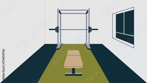 A simple illustration of a home gym with a bench press and squat rack inside a room with a window
