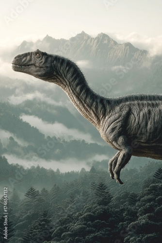 Afrovenator roams through a misty primeval forest against majestic mountain backdrop
