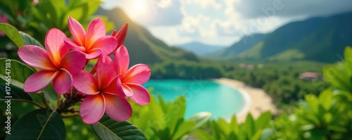 Vibrant frangipani blossoms in full bloom against the backdrop of lush Hawaiian island foliage The sun-drenched petals showcase the tropical beauty of the islands , summer, sunshine
