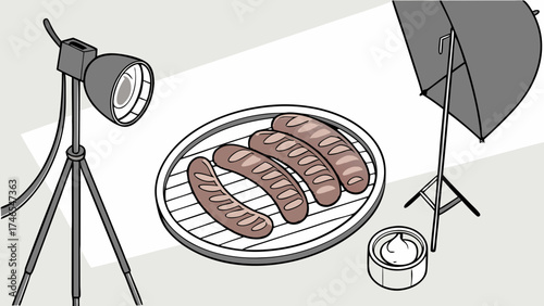 Studio Food Photography Grilled Sausages on a White Background with Lighting Equipment.