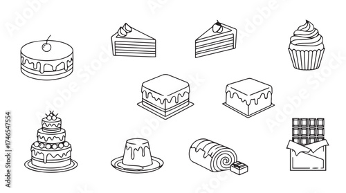 Collection of delicious hand-drawn desserts and sweet treats perfect for baking and confectionery themes vector