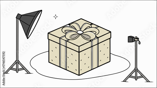 Studio photography of a gift box with lighting equipment.