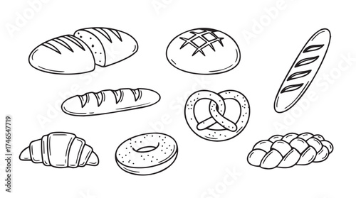 Variety of freshly baked bread and pastries hand drawn sketch collection vector