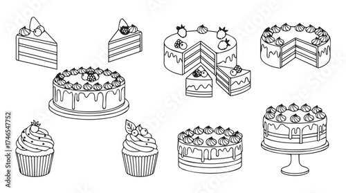 Collection of hand drawn cakes and cupcakes sweet desserts in sketch style for baking bakery and celebration themes vector