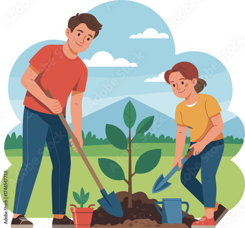 Couple gardening together outdoors, planting young tree, teamwork, sustainability, nature care, shovel, trowel, soil, green landscape, environment, cheerful mood