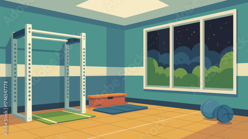 A cartoon illustration of a gym room with equipment and a window showing a night sky landscape view