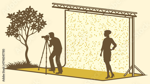 Studio Photography Session Photographer Shooting Model Behind Backdrop Fashion Photography Illustration.