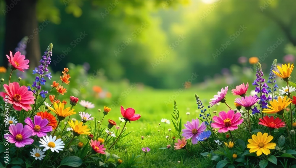Fototapeta premium Vibrant wildflowers and lush greenery create a stunning natural border, perfect for adding a touch of springtime freshness to any landscape , colorful, field, wildflower border