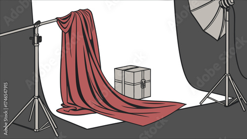 Studio Photography Setup with Red Drape and Lighting Equipment.