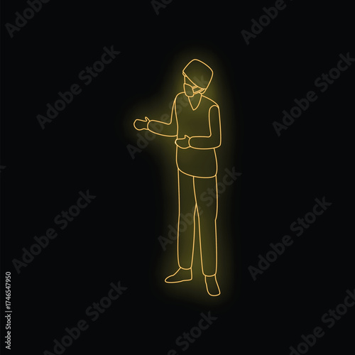 Yellow neon style illustration of a doctor wearing a medical mask and giving instructions with hand gestures