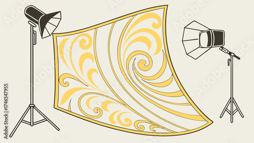 Studio Photography Setup with Swirl Pattern Backdrop and Lighting Equipment.