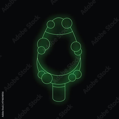 Green neon christmas tree with baubles is glowing on a black background