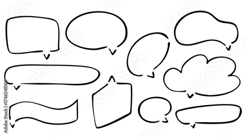 Set of blank empty speech bubbles in doodle style. Hand drawn chat and message boxes for comics, text, and conversation design. Floating bubbles vector illustration isolated on white background.