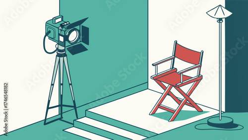 Studio Setup with Lighting Equipment and Directors Chair Isometric Illustration.