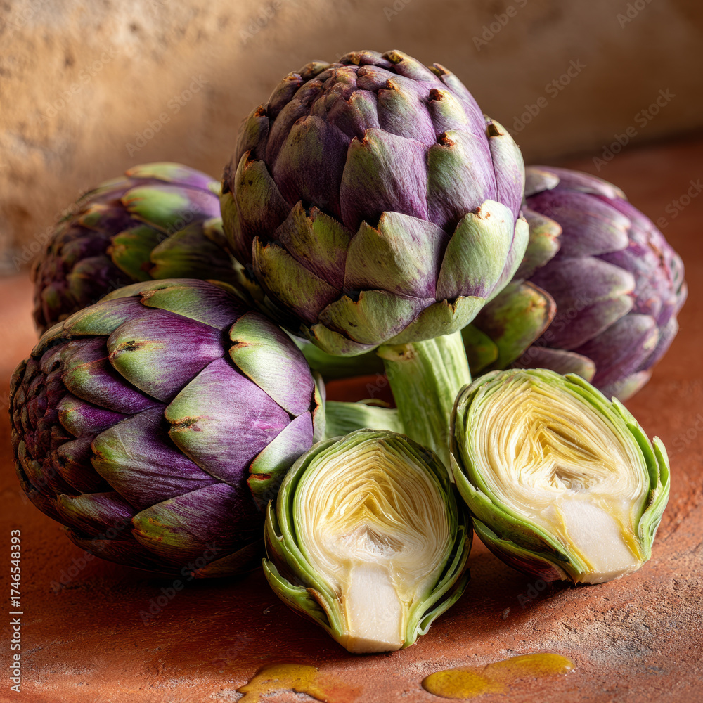 Fototapeta premium Fresh artichokes on rustic kitchen surface.