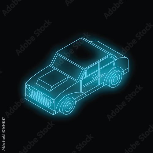 Neon car glowing on dark background, isometric view from above