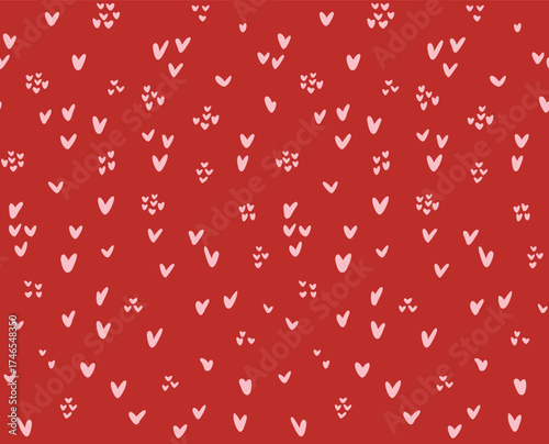 Valentine's day seamless pattern of  tiny pink hearts on red color background. Concept of love and Valentines day. Vector illustration.