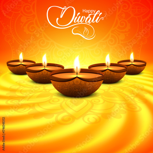 Happy Diwali Festival of Lights Background with Glowing Diyas in Golden Warm Light, Elegant Decorative Design, and Vibrant Indian Celebration Artwork for Greeting Card or Holiday Poster