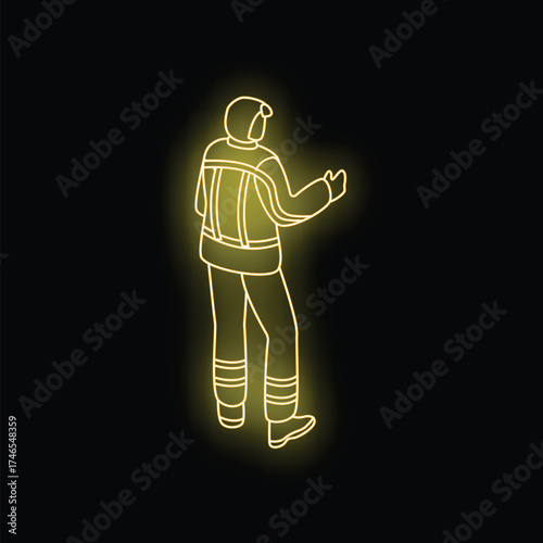 Fireman character wearing uniform and helmet watching burning building from behind neon sign