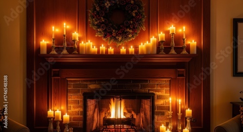 Warm, cozy fireplace with many lit candles and a festive wreath, glowing brightly