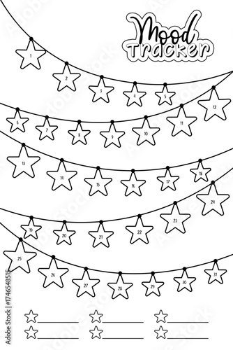 Star Garland Mood Tracker. Printable coloring template. Creative mood tracker with numbered stars hanging on decorative garlands. Ideal worksheet for holiday season and daily planning in your journal