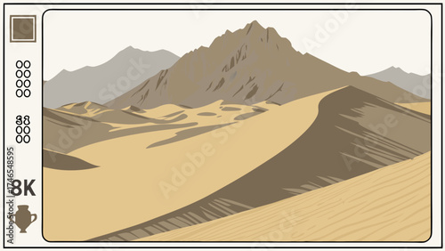 Stylized desert landscape with mountains in the background 8k resolution digital art illustration.