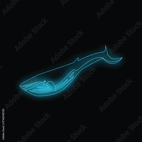 Blue whale is swimming upwards with a glowing neon effect surrounding it
