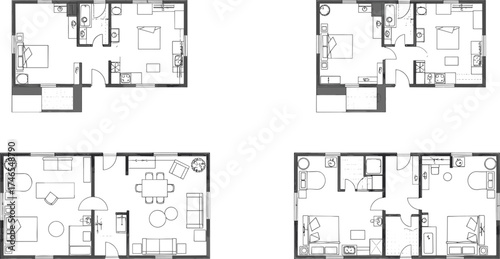 Collection of modern residential apartment floor plans with detailed room layouts, architectural home blueprints, 2-bedroom and 3-bedroom housing designs.