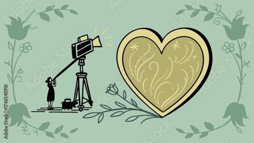 Stylized illustration of a heart-shaped object being lit by a film light surrounded by floral elements.