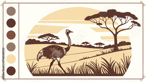 Stylized Illustration of a Large Flightless Bird in a Savannah Landscape at Sunset.