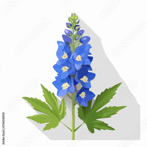 Blue delphinium flower with green leaves