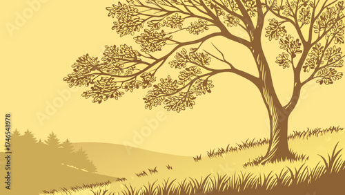 Stylized illustration of a tree in a landscape nature autumn fall vector art graphic design foliage branches hills grass background illustration design element artwork artistic nat.