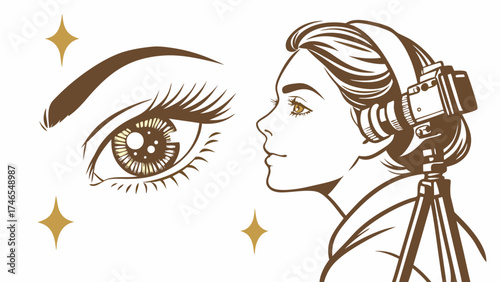 Stylized illustration of a woman with a camera on a tripod and a large eye perfect for beauty vlogging and filmmaking projects.