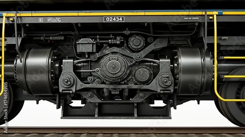 Detailed View of a Train Bogie and Wheels on Tracks, Close-up of Locomotive Undercarriage.