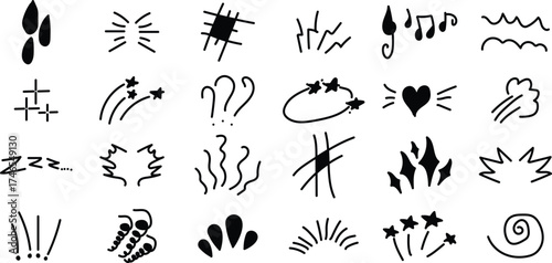 Hand-Drawn Vector Cartoon Effects Collection Dynamic Graphic Elements. Expressive Doodles for Visual Impact, Comic Style Emotions, and Action Line Illustrations.