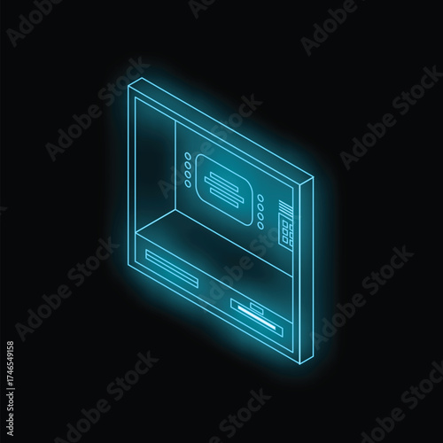 Neon atm machine glowing on a wall at night, isometric view