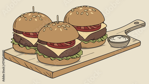 Three Mini Burgers on Wooden Board with Dip - Delicious Fast Food Illustration.