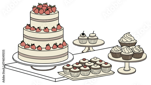 Three-tiered strawberry cake with cupcakes on cake stands dessert table illustration.