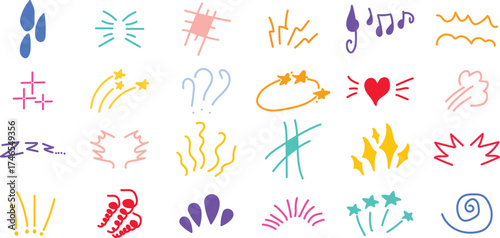 Expression icons. Comic emotion elements, hand drawn expressive symbols. Star, heart and sparks, speech bubbles, exclamation doodles for communication accent. Vector set