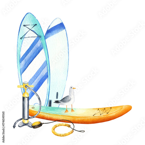 watercolor set of inflatable paddleboards, recumbent and standing, seabirds, pump and rescue safety belt, bright color, illustration of stand up paddle board, equipment, sketch of summer rest on water
