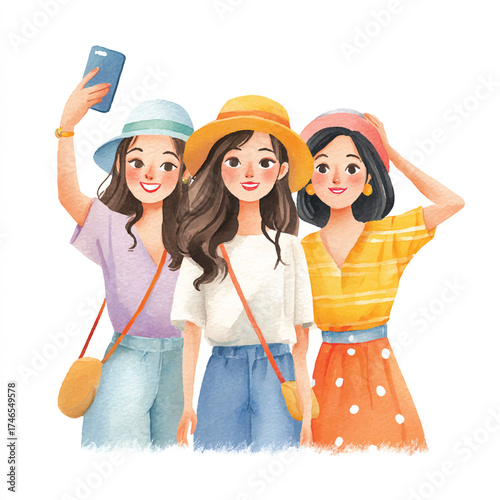 Three young women friends taking a selfie on a sunny day.