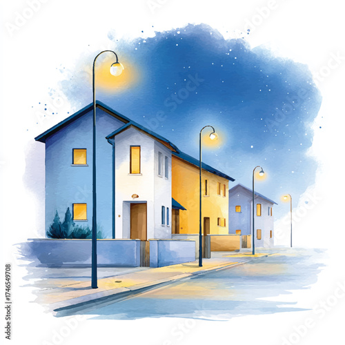 Two houses on a street at dusk with streetlights on.