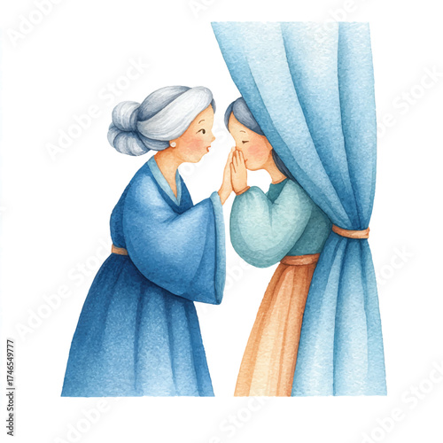 Two women in blue dresses greet each other.