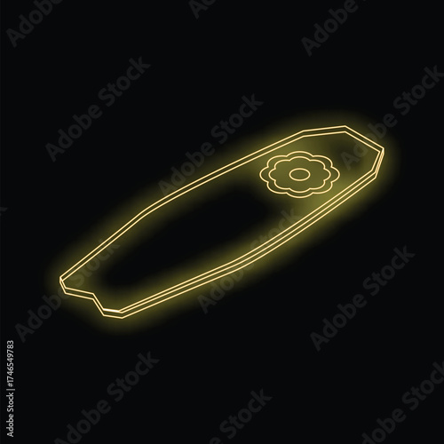 Neon yellow surfboard is glowing on a black background