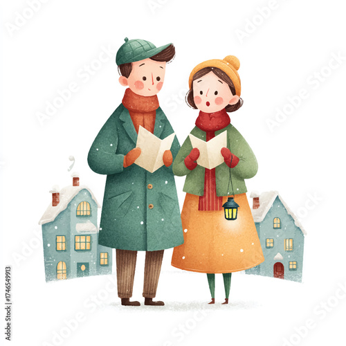 Two young carolers singing Christmas songs.