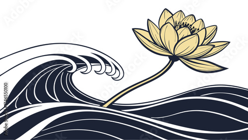 Watercolor Flower and Wave Design Floral Art Nature Illustration Abstract Design Elegant Background Water Ocean Sea Aquatic Botanical Plant Flower Bloom Blossom Water Lily Lotus W.