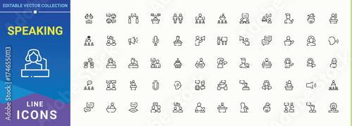 Speaking icon set. Set of line pictogram. Conference icon collection. Related to discussion, conference, communication, talk, men, speech and more.