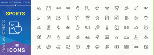 Sports related icon set. Featuring competition, athletics, activity, recreation and more. Competition icon pack. Collection of simple line web icons. Editable stroke.