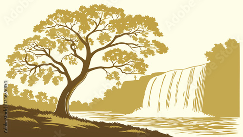 Waterfall Scene with Tree and River Nature Illustration for Print Web and Design.